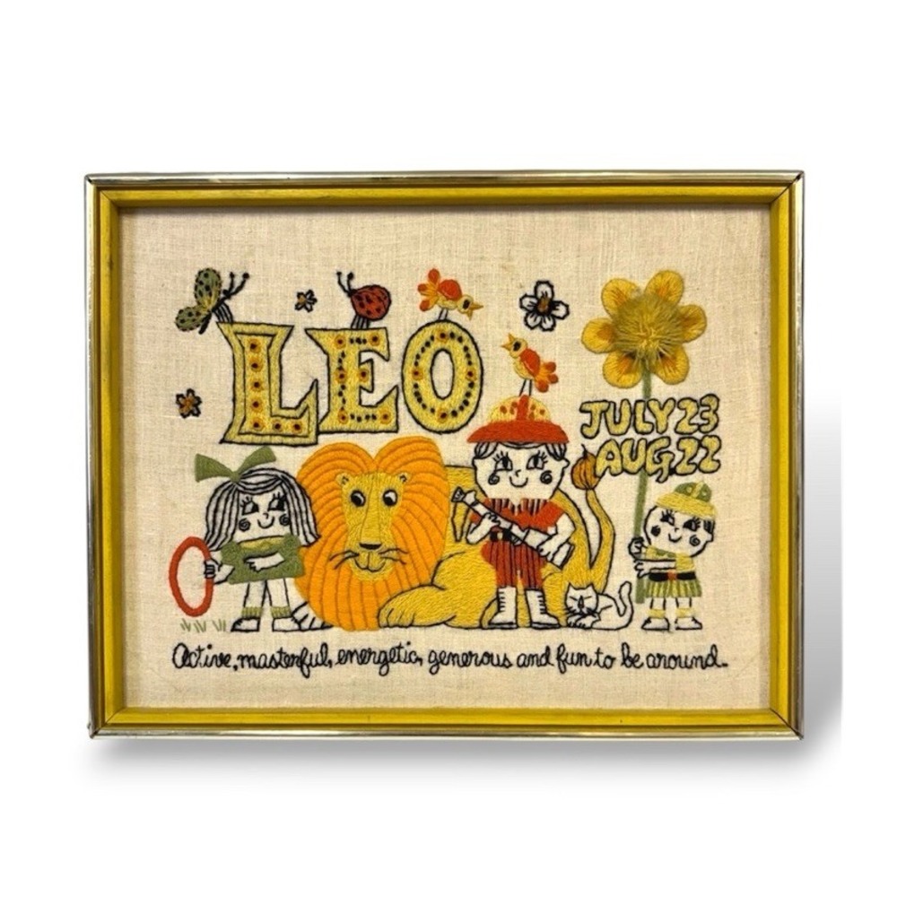 Vintage LEO Zodiac Crewel Embroidery Framed Finished Needlework 70s Lion August
